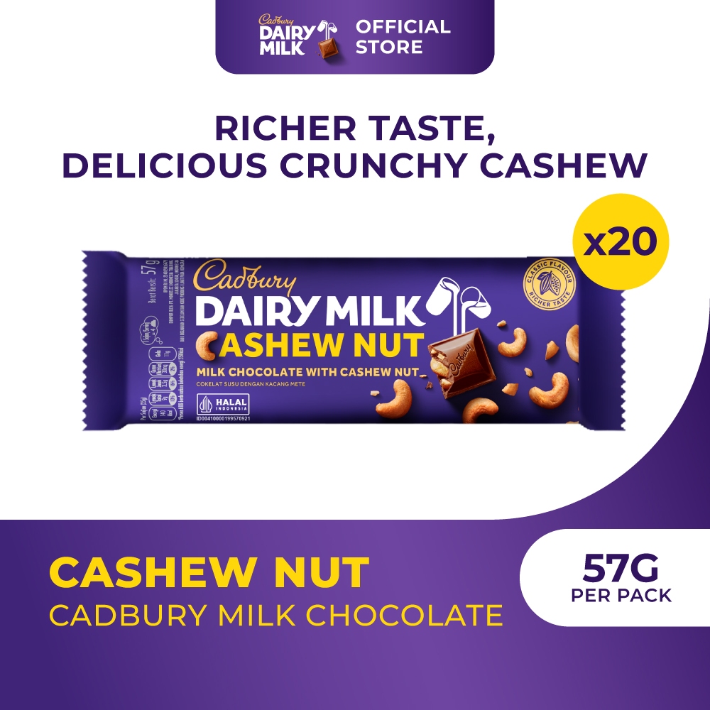 

[PAKET HEMAT] 20pc Cadbury Coklat Cashew Nut Regular 57g | Camilan coklat susu dan kacang mede yang lembut Multipack x20