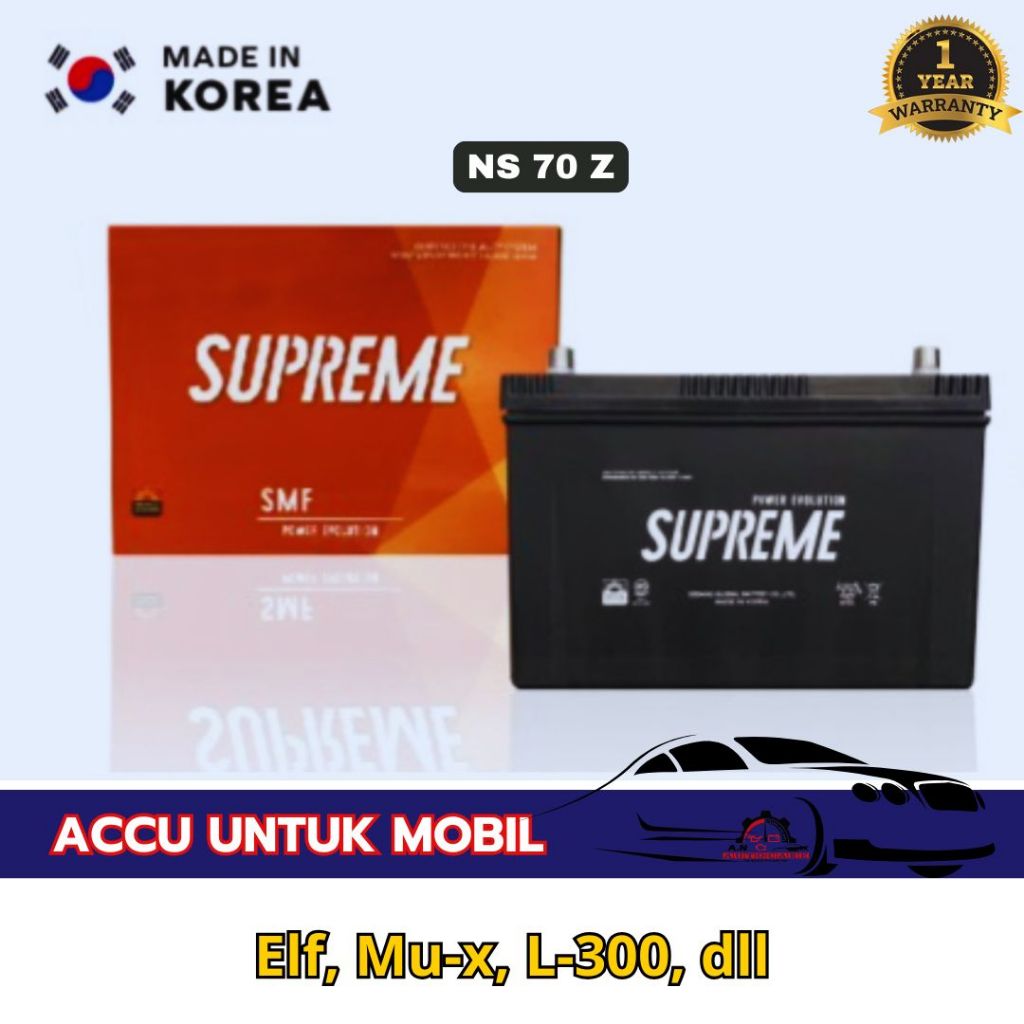 Aki Mobil SUPREME N70Z Aki KERING 12 V / 75 Ampere untuk Mobil Elf, Mu-x, L-300, dll