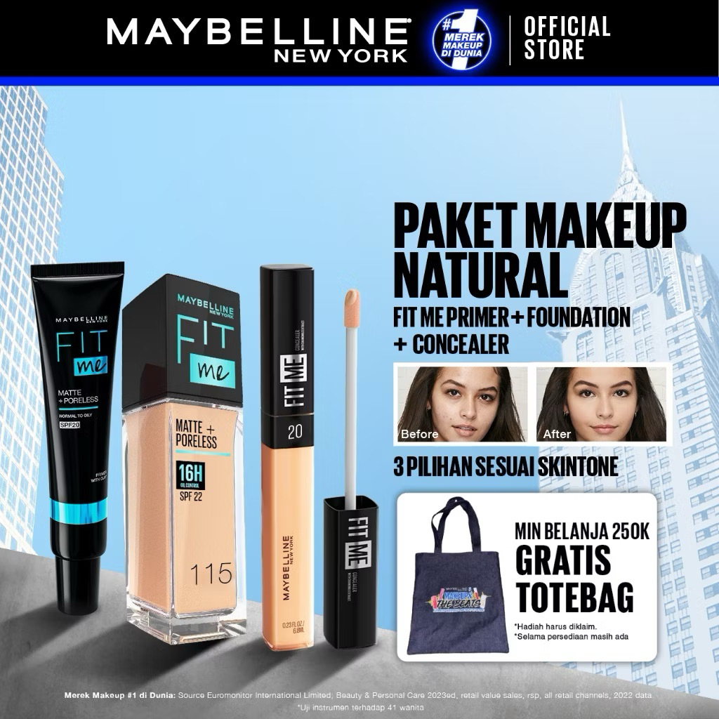 MAYBELLINE OFFICIAL Paket Hemat Face Makeup Matte Fit Me Primer + Liquid Foundation + Concealer