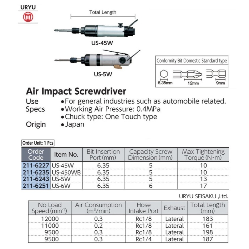 Air Impact Screw Driver Push Start Type URYU US-45W