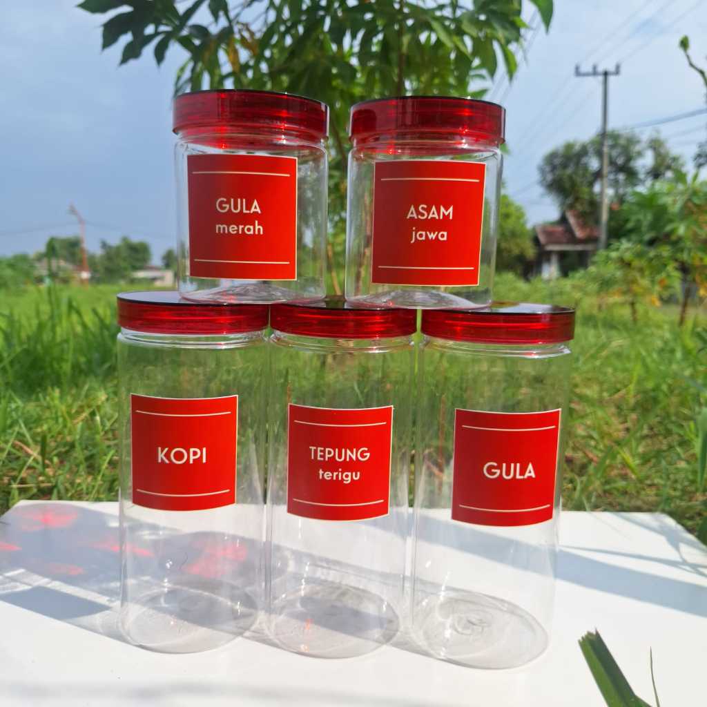 Toples Bumbu Dapur Warna Merah Kedap Udara Bahan Plastik Minimalis dan Gratis Label Estetik