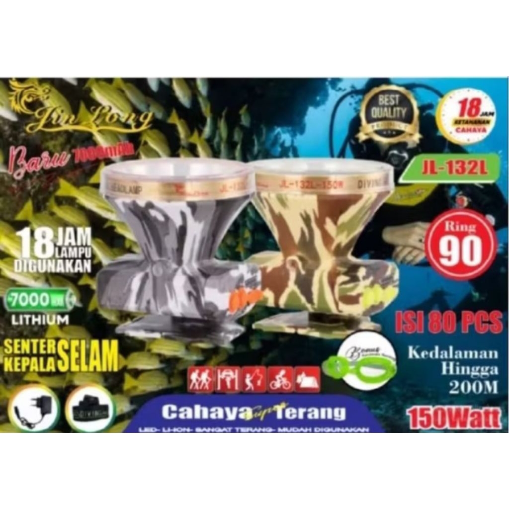 jinlong jl-132l loreng senter kepala menyelam cahaya putih 150watt tahan hingga 18jam tahan lama