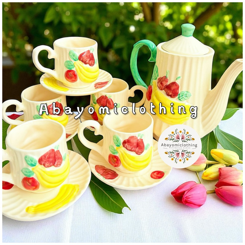 TEKO SET KERAMIK/ CANGKIR SET KERAMIK MOTIF BANANA SNI TEBAL