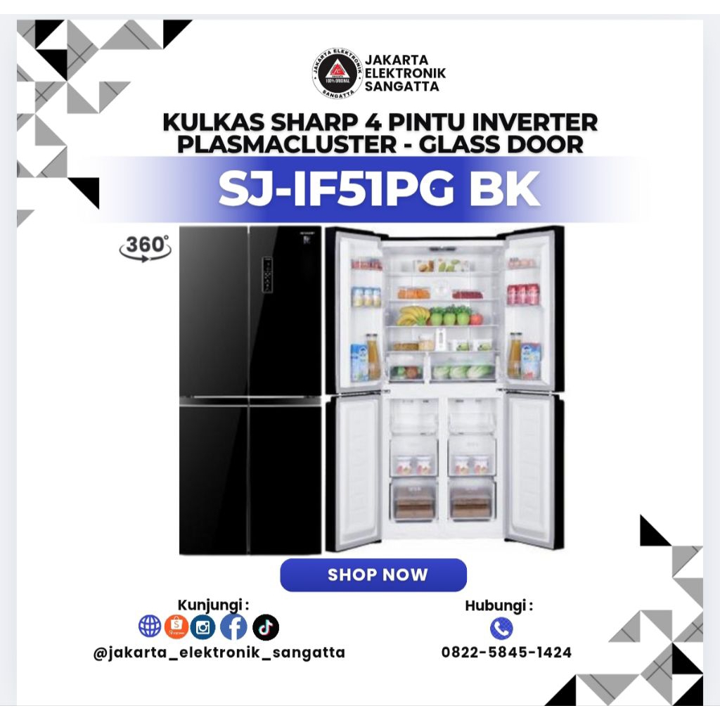 Sharp Sj If51Pg Bk Kulkas 4 Pintu Inverter Plasmacluster - Glass Door

