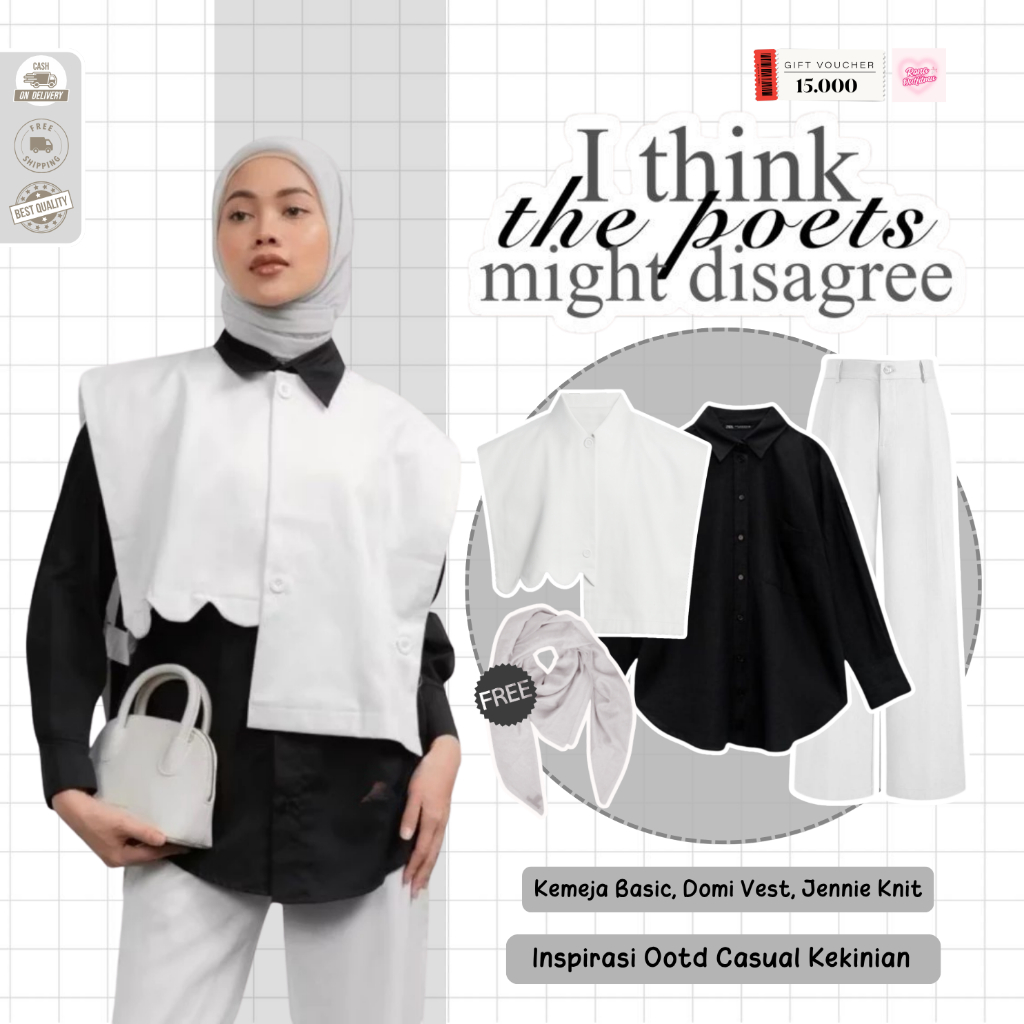 Rona - OOTD Wanita Kekinian Remaja Hijab | Kemeja Basic Hitam, Domi Vest Putih, Celana Jennie Knit B