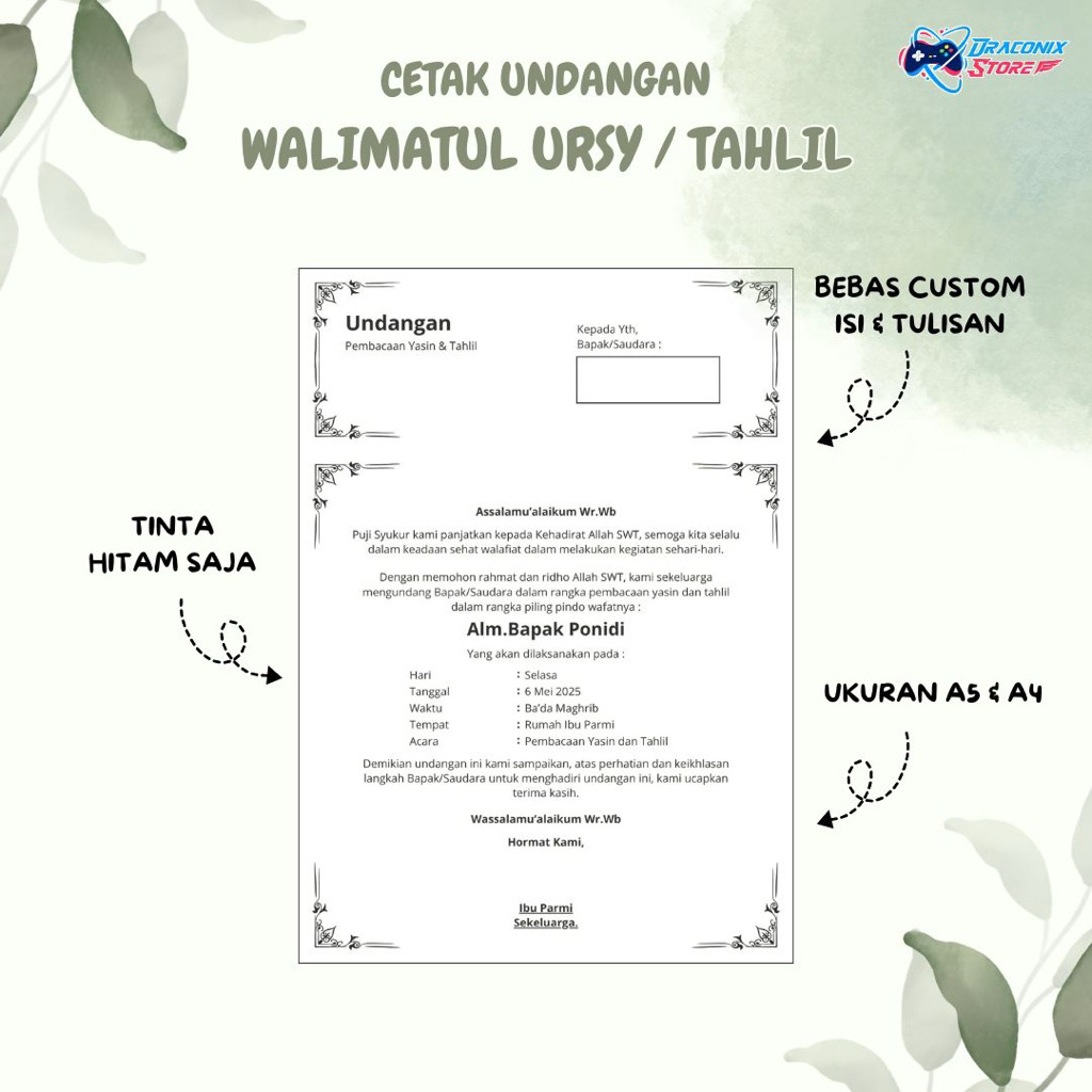 

cetak undangan tahlil walimatul ursy walimahan per 10pcs