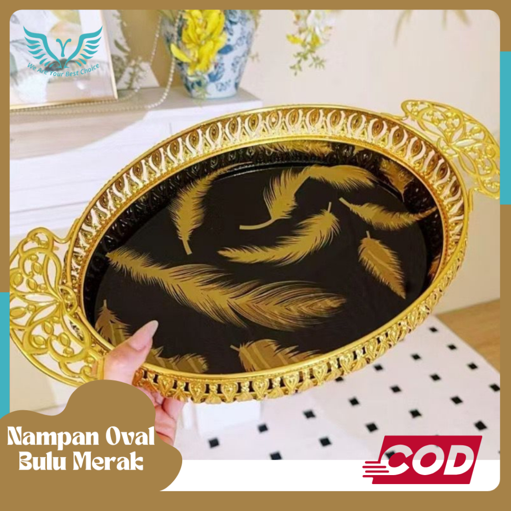 Nampan Oval Bulu Merak/ Nampan oval aestetic/Nampan cantik mewah elegant/Nampan Elegant