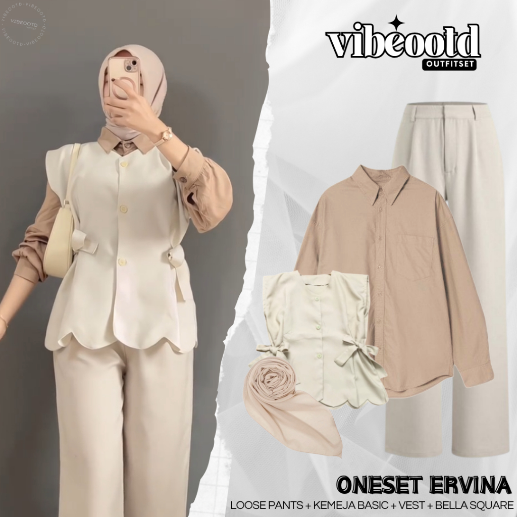 Ervina Outfit Set Wanita Hijab ( Celana Kulot +Kemeja Basic + Vest +Bella Square ) One Set Dewasa Hi