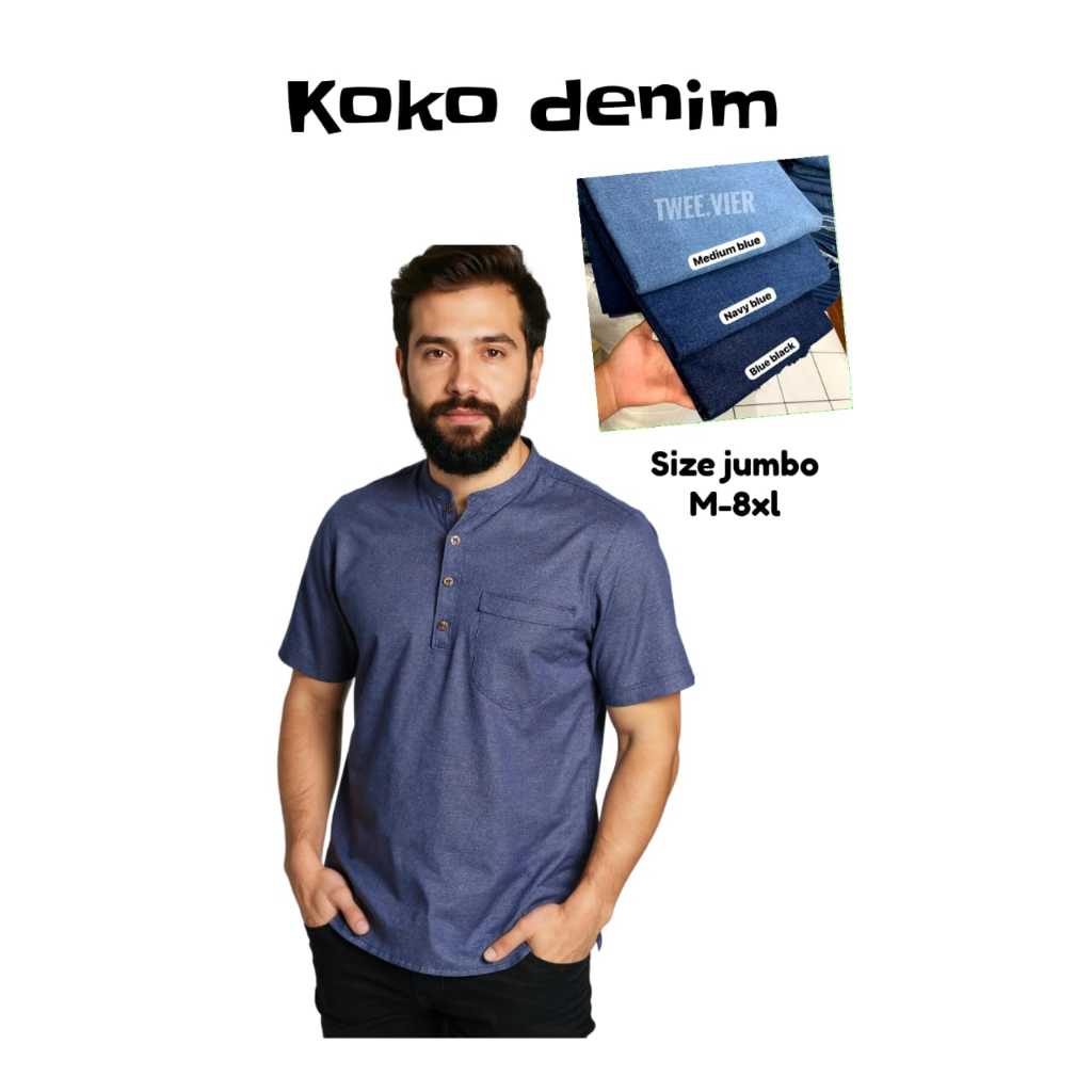 Baju Koko Denim Kurta Pakistan Pria Lengan Pendek Bahan Denim Cembre Catton Levis