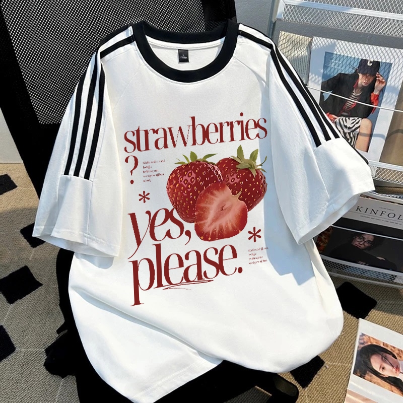 SEZO Baju Wanita Putih Black Kaos Premium Lengan Pendek Oversize Kemeja Lengan Pendek Motif Stroberi