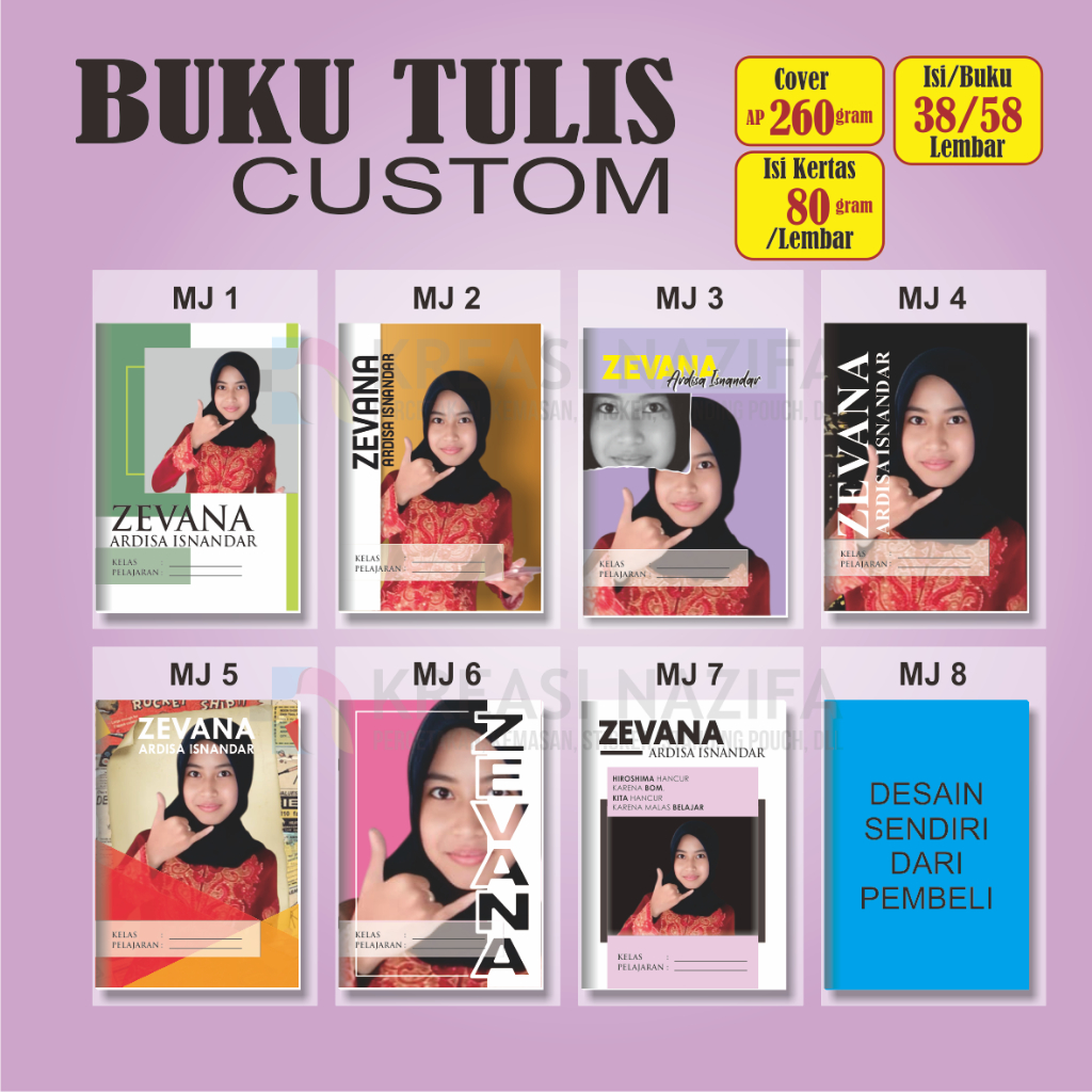 

BUKU TULIS CUSTOM SATUAN; Pakai Nama, Kelas, Mata Pelajaran, Poto; 38/58 Lembar; AP 260; HVS 80 gram