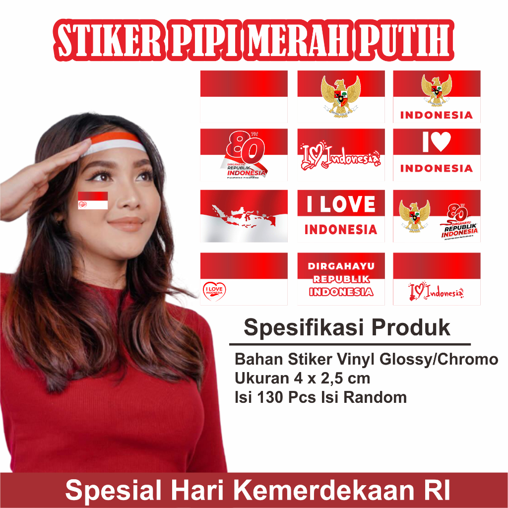 

( 1 LEMBAR ISI 130 PCS )Stiker Pipi Merah Putih/Stiker Agustusan/Stiker Merah Putih