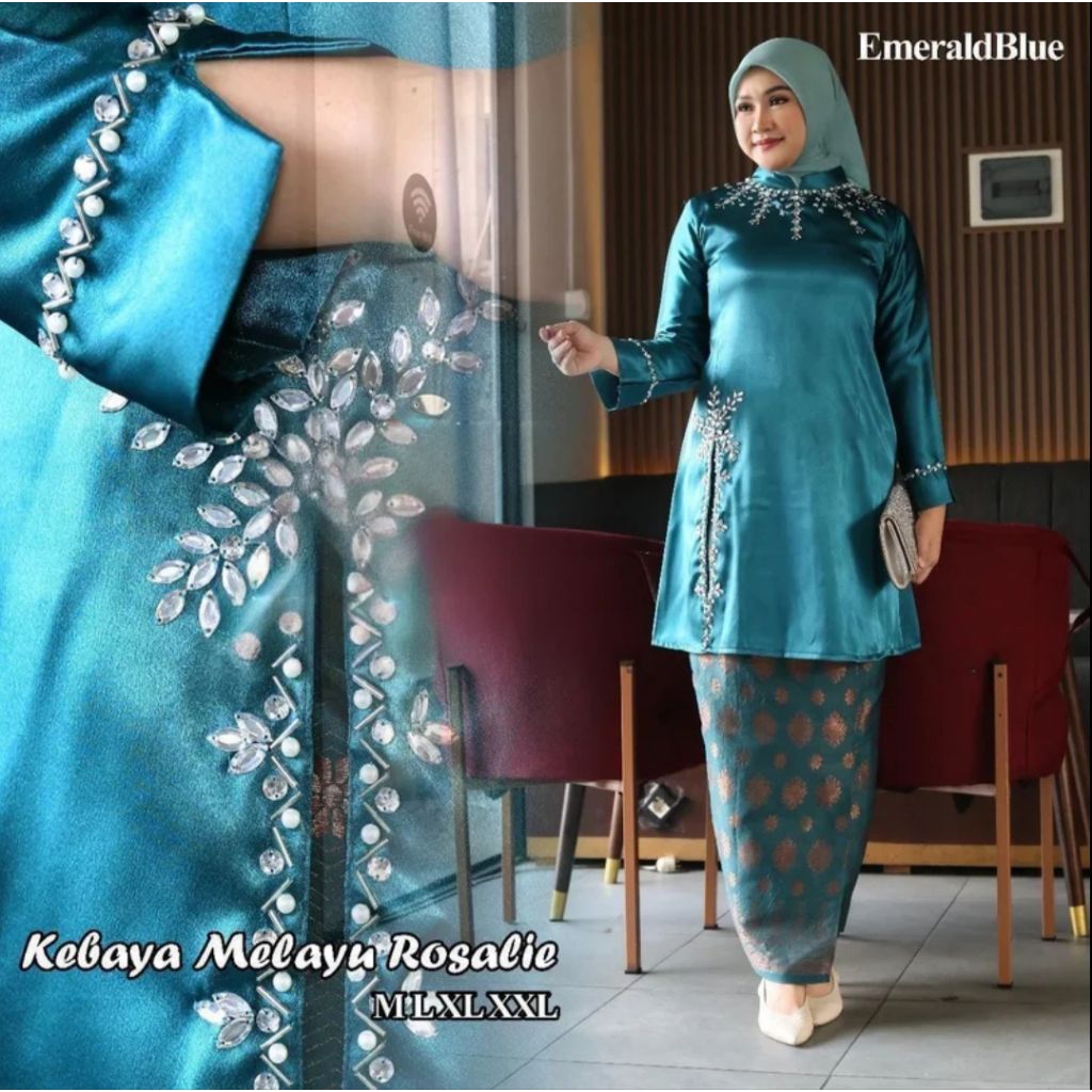 NEW SET TUNIK MELAYU KURUNG KEBAYA ROSALIA HIASAN PAYET MUTIARA MEWAH DAN ROK LILIT SONGKET KEBAYA M
