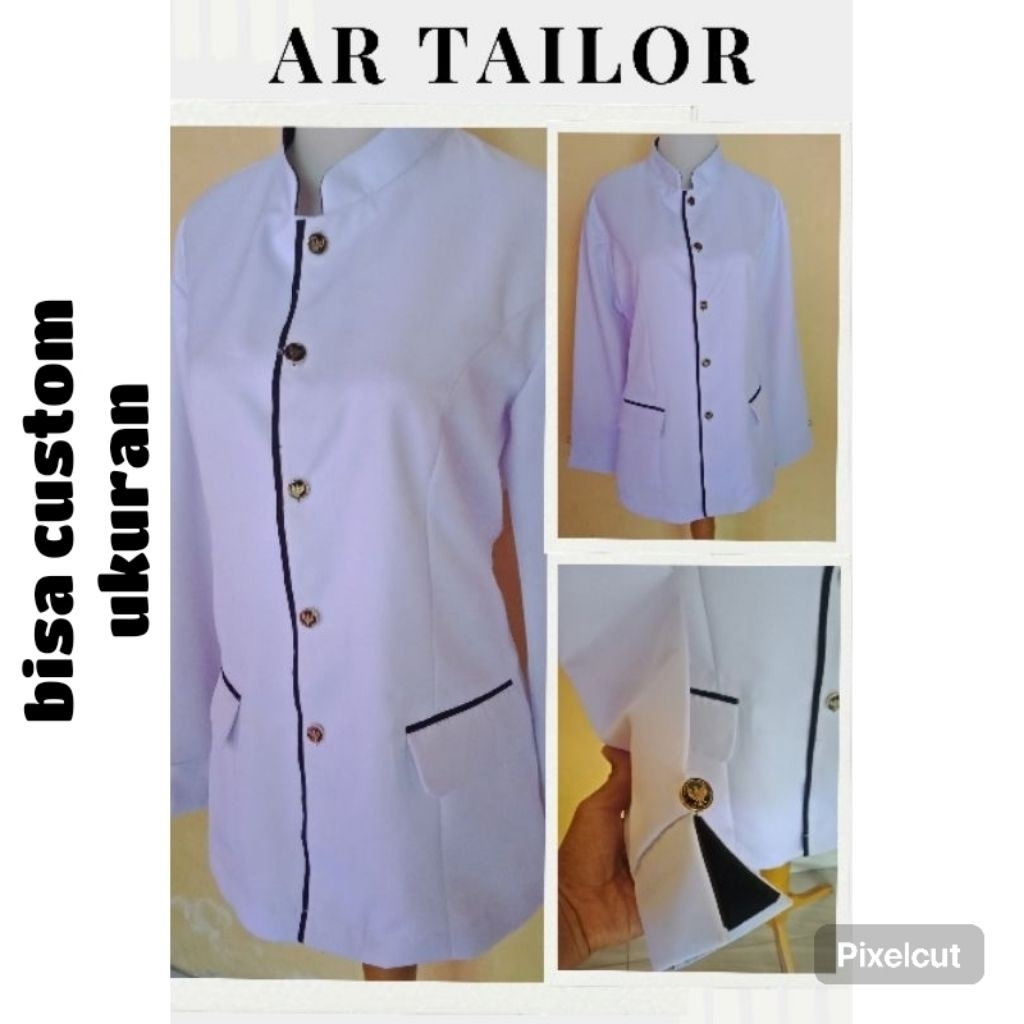 Baju dinas putih wanita lapis furing bahan wool cashmere