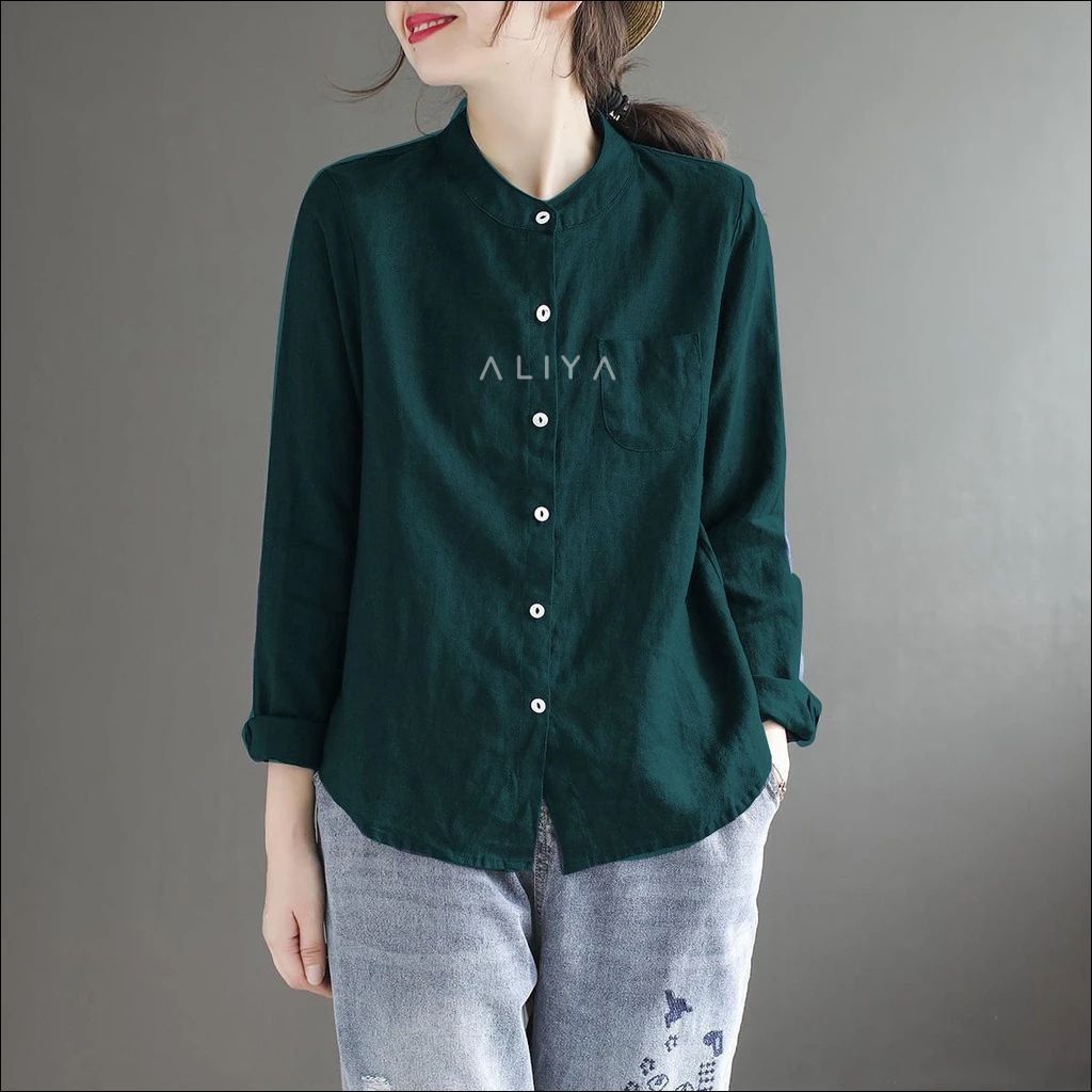 ALIYA - Atasan blouse wanita basic polos bahan katun linen full kancing busui friendly kemeja blouse