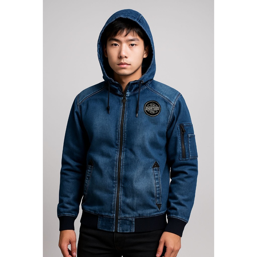 JAKET JEANS PRIA JAKET JEANS EMBLEM TERBARU ATASAN PRIA FASHION PRIA TERBARU JAKET SOBEK JAKET TOPI