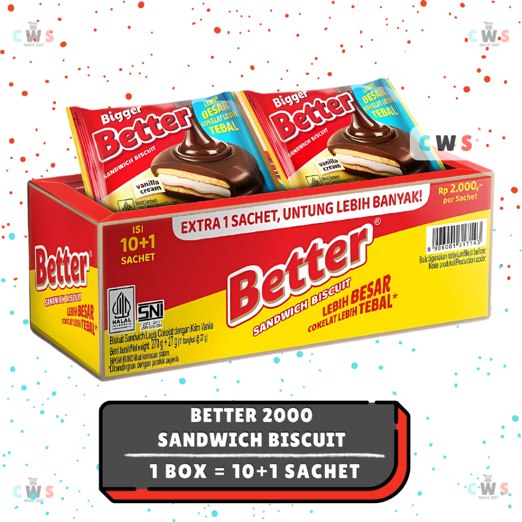 

[PROMO Gratis 1 Pcs] BETTER 2000 Bigger Sandwich Biscuit Vanilla Cream Cokelat Lebih Tebal Sachet - 1 Box / 10+1 Pcs