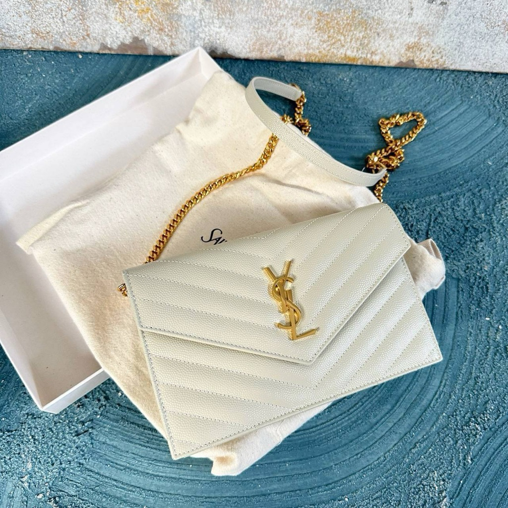 YSL SAINT LAURENT WOC WALLET ON CHAIN 19 CM WHITE GHW