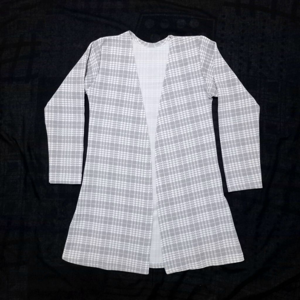 PRELOVED Cardigan Waffle Textured Motif Kotak-kotak Panjang Warna Abu Putih