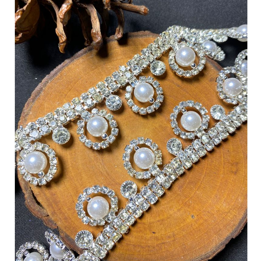 @10CM APLIKASI PAYET RANGKAI BESI PUTIH SILVER MUTIARA (PR 99)