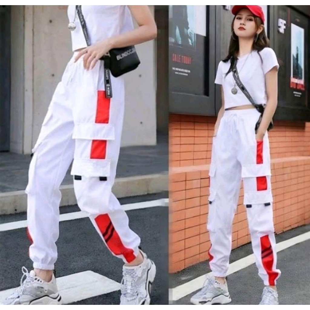 sport lose pant kargo/celana joger/celana merah putih