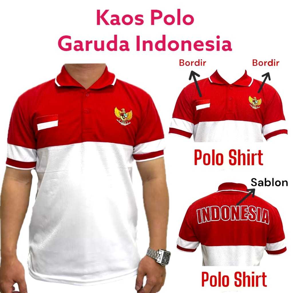 Kaos Polo Merah Putih INDONESIA Bordir Kaos Kerah Garuda Kemerdekaan Indonesia