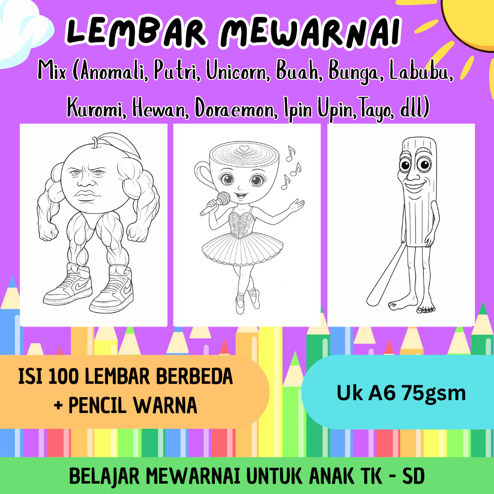 

Kertas mewarnai isi 100 lembar A6 + Pensil Warna/lembar mewarnai anak TK/buku mewarnai/buku gambar