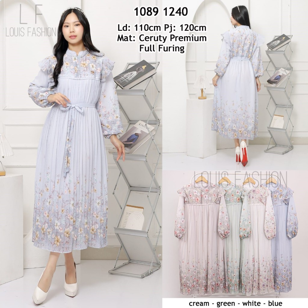 midi dress ceruty premium, plisket motif bunga,full furing free bros dan belt