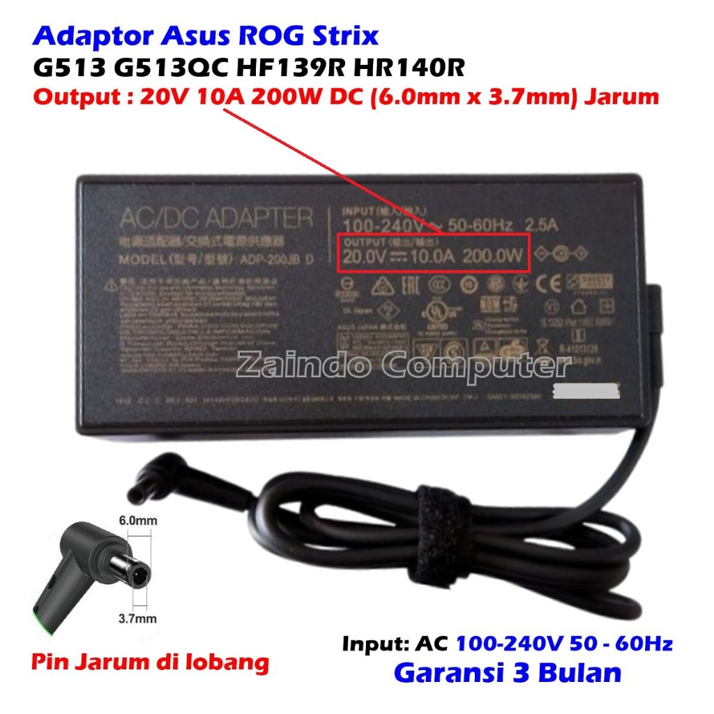 ADAPTOR ASUS ROG ‎STRIX 20V 10A 200W (6.0MM X 3.7MM) G15 G513IE-HN046T G513IE-HN089W G513QC-HN120T G