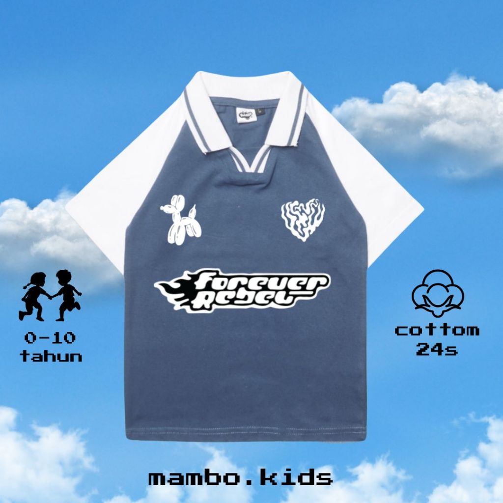 mambo.kids - polo shirt anak FOREVER cotton 24s reglan umur 1-10 tahun jersey vintage - biru denim