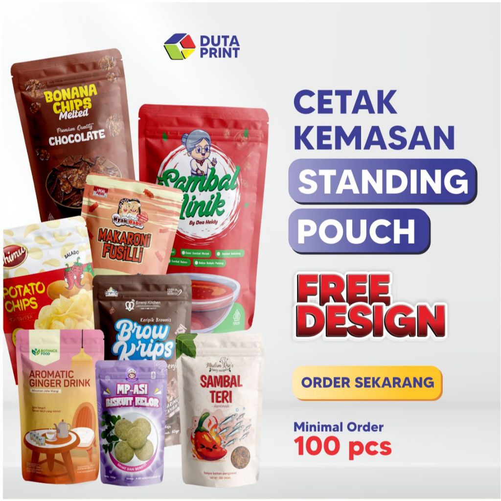 

Custom Packaging Makanan – Standing Pouch, Plastik Klip Ziplock | Pouch Cetak Fullcolor | Order 100 Pcs + Free Desain
