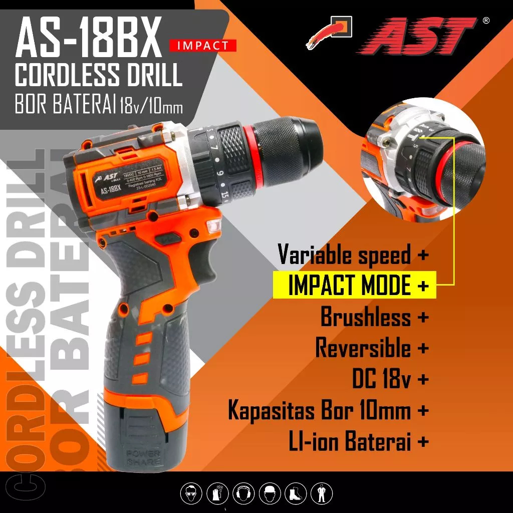 DMS AST Mesin Bor Baterai AS-18BX IMPACT BETON BRUSHLESS AS18BX 18V 10mm / Cordless Drill 18BX