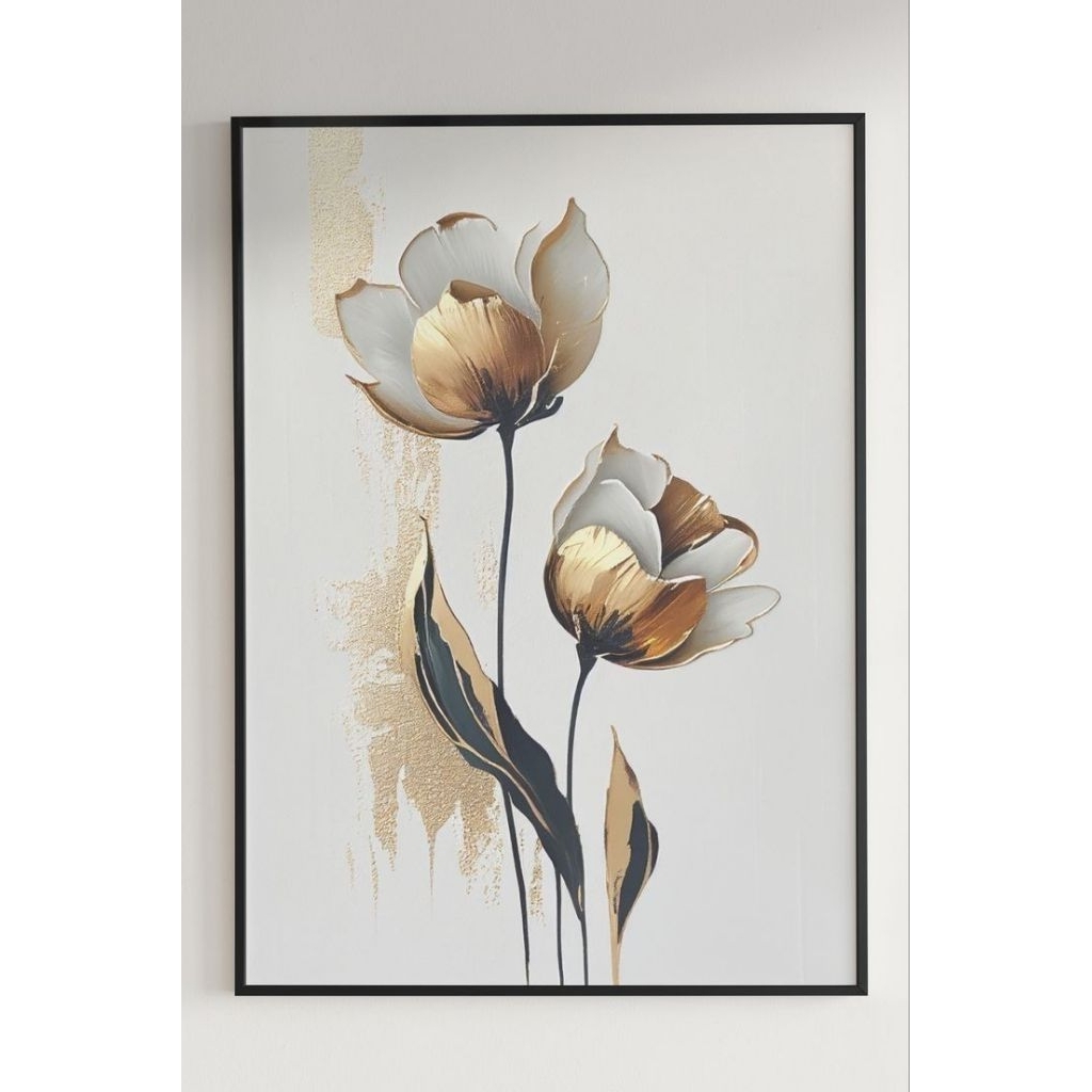 lukisan dinding minimalis modern bunga mawar gold