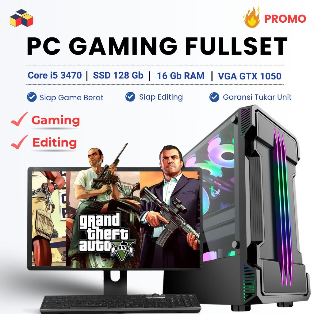 PC Gaming CPU Core i5 3470 RAM 8/16GB SSD VGA GT610 GT730 GTX750Ti GTX1050 Komputer Full Set Murah