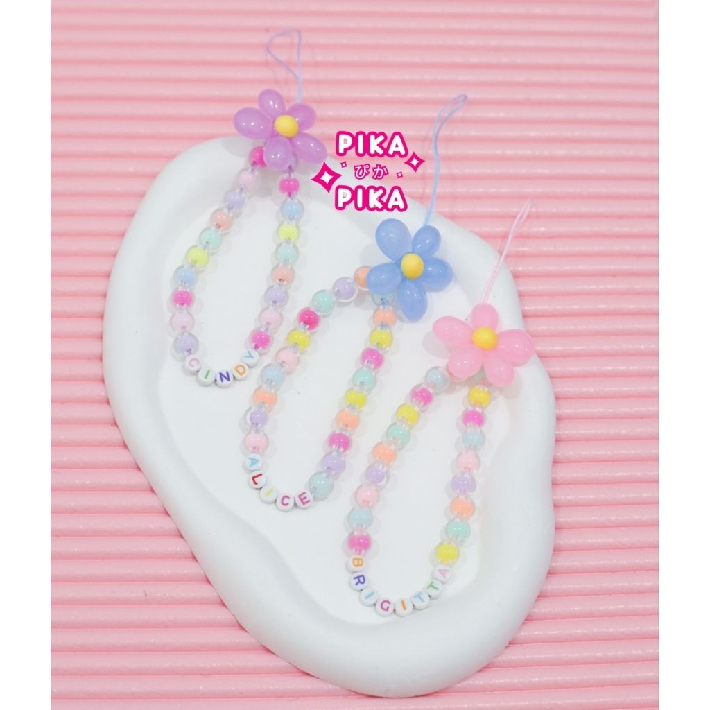 PIKA - GC20 gantungan hp custom nama bunga rantai mutiara warna warni rainbow pelangi flower cantik 