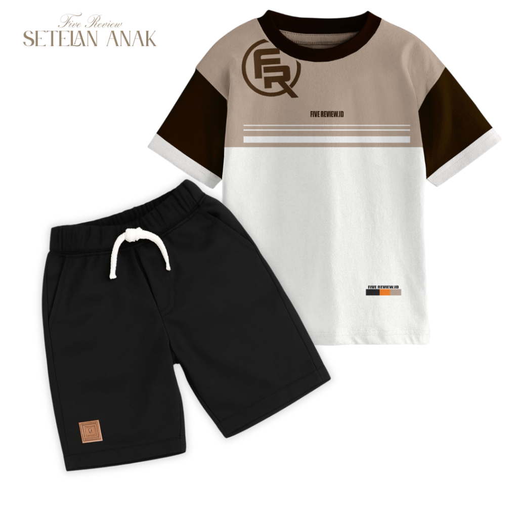 setelan anak laki-laki kaos kombinasi pecah pola celana pendek fleece mustar hitam usia 3-12 thn