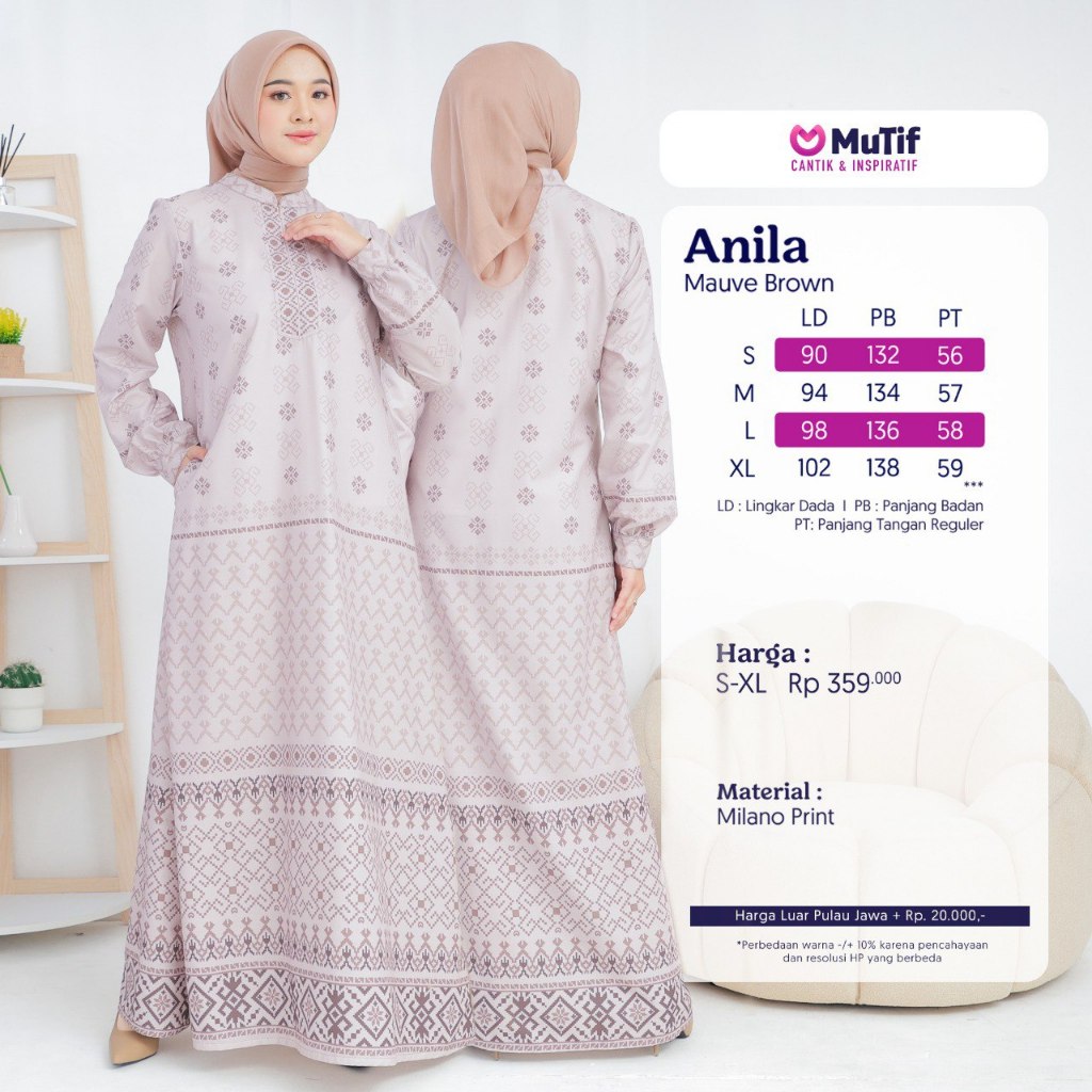 GAMIS MUTIF ANILA MAUVE BROWN || GAMIS DEWASA MUTIF (COD)