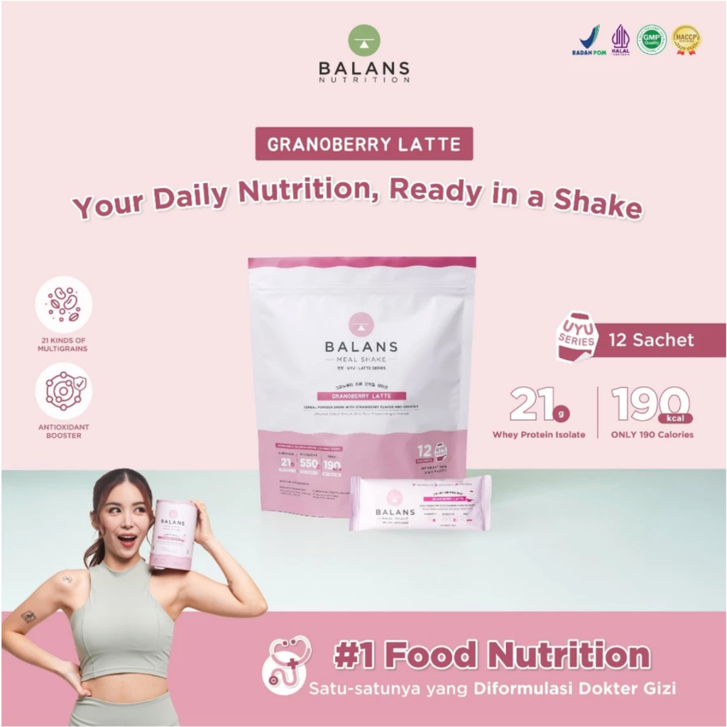 

BALANS Meal Shake UYU Series | Granoberry Latte | Susu Protein & Tinggi Kalsium Rendah Kalori | 12s