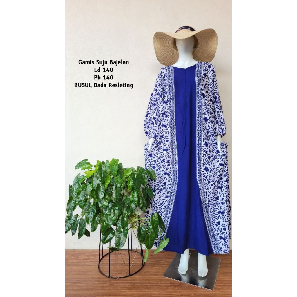 BAJEL NAVY SUJU Gamis Batik Cap Bajelan Super Jumbo Busui Ld 140 Pb 140 Rayon Premium Terbaru Tangan