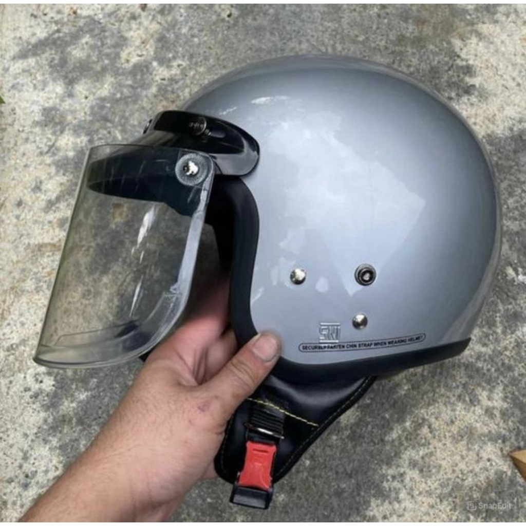 HELM BOGO CARGLOS RETRO DEWASA PRIA WANITA FULL LEHER SNI SILVER GLOSSY KACA DATAR