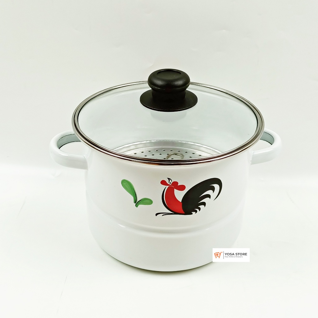 Panci Kukusan Dandang Enamel 20cm Nasi Motif Ayam Jago 1 Set