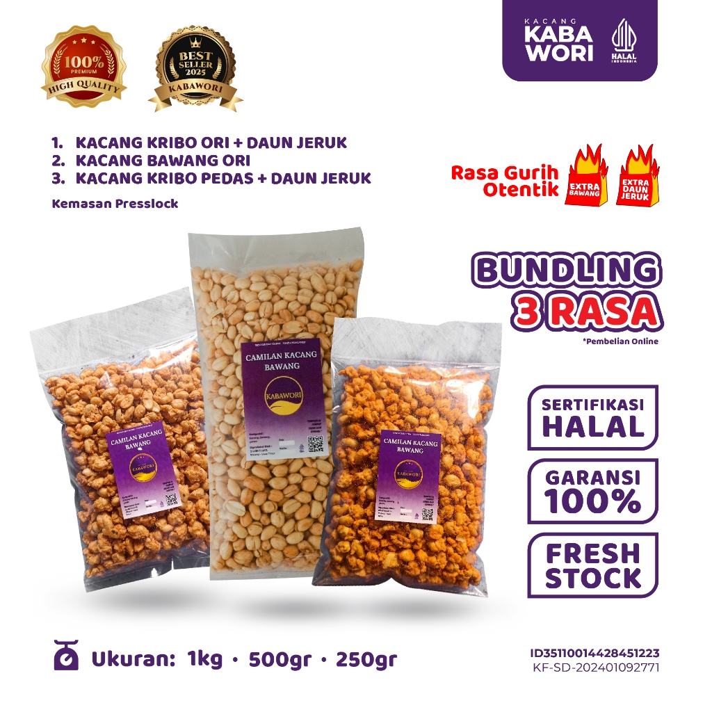 

SPECIAL BUNDLING 3 RASA Kacang Kribo Daun Jeruk (Original dan Pedas) + Kacang Bawang Kabawori
