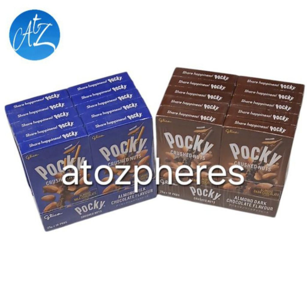 

Biskuit stik salut coklat cokelat paduan susu hitam dengan butiran kukis kacang halal MUI Glico Pocky CRUSHED NUTS Almond & Cookie Bits Dark Milk Chocolate Flavor Flavour Biscuit Stick Sticks kemasan kotak 10x25g