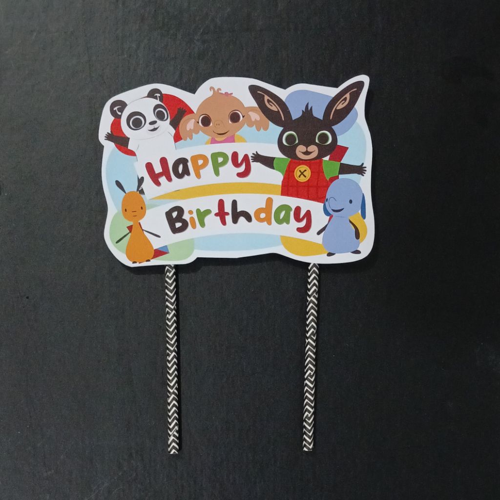 CAKE TOPPER BANNER STRAW HAPPY BIRTHDAY BING KELINCI HITAM BLACK RABBIT BUNNY HIASAN TUSUKAN KUE DEK