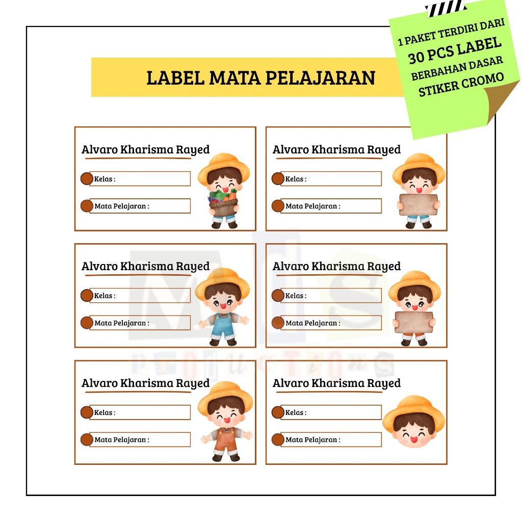 

30 PCS LABEL MATA PELAJARAN SEKOLAH ANAK LAKI LAKI
