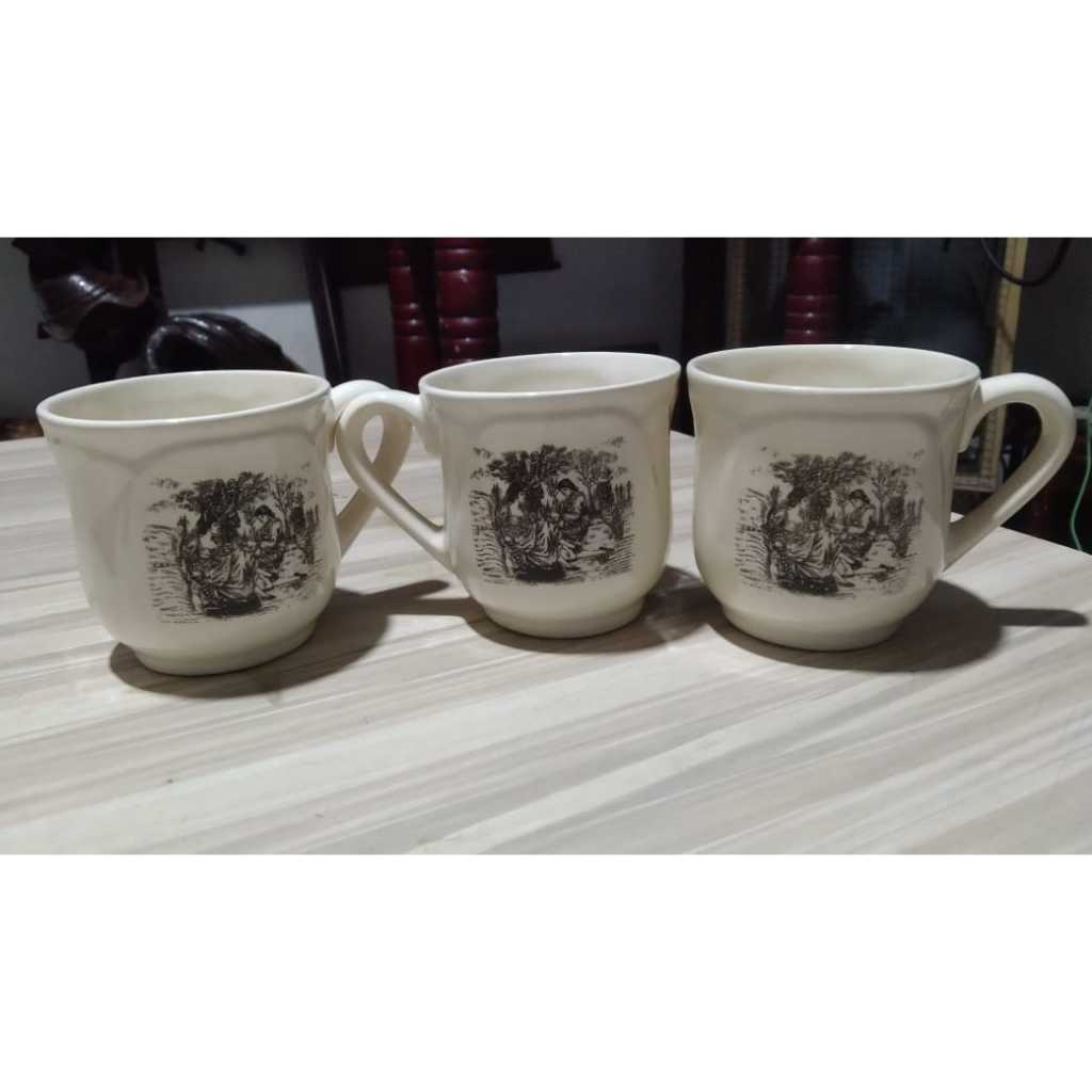 Cangkir Minum Nikura Keramik Motif Lukisan Lawas 3 Pcs Kuno Jadul Antik