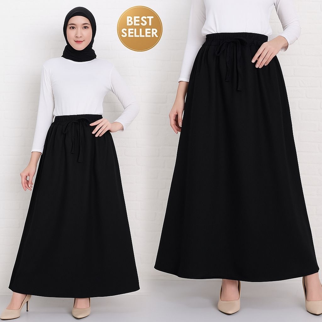 Rok maxi hitam full karet pinggang / Rok A line casual dan formal