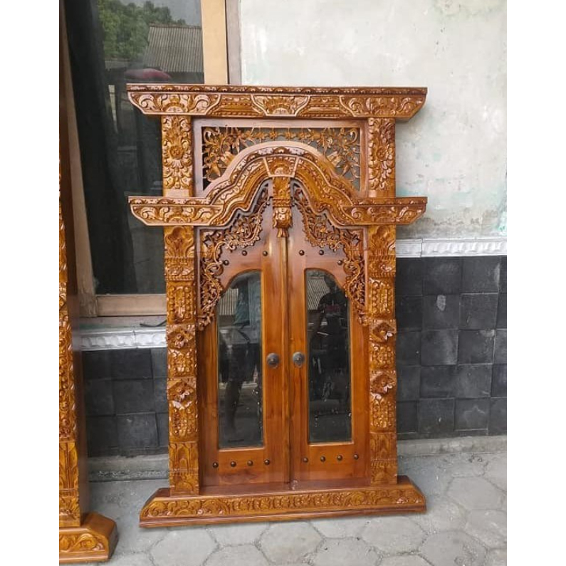 Jendela Gebyok Motif Jawa Kayu Jati Ukir Jepara Asli Ukuran L100 X T150 CM Daun Pintu Kaca