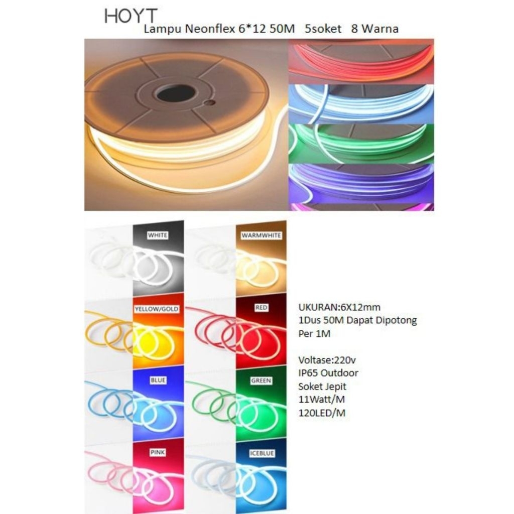 HOYT NEON FLEX 6X12 / 6 X 12 PER ROLL ( 50 METER ) IP65 OUTDOOR 220V WARM WHITE , PUTIH , MERAH , BI
