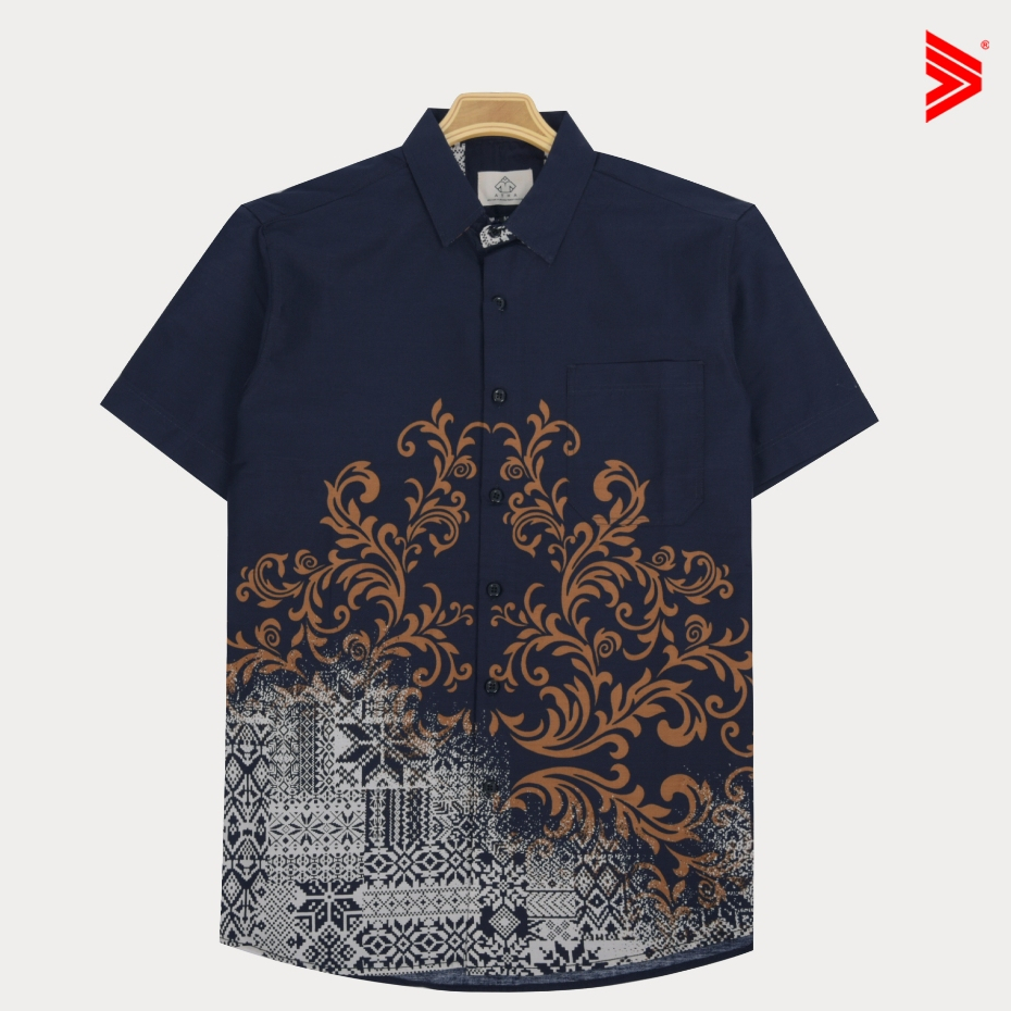 Tiagan99 Kemeja Batik Pria Cowok Lengan Pendek Slimfit Modern Baju Bahan Katun Warna Biru